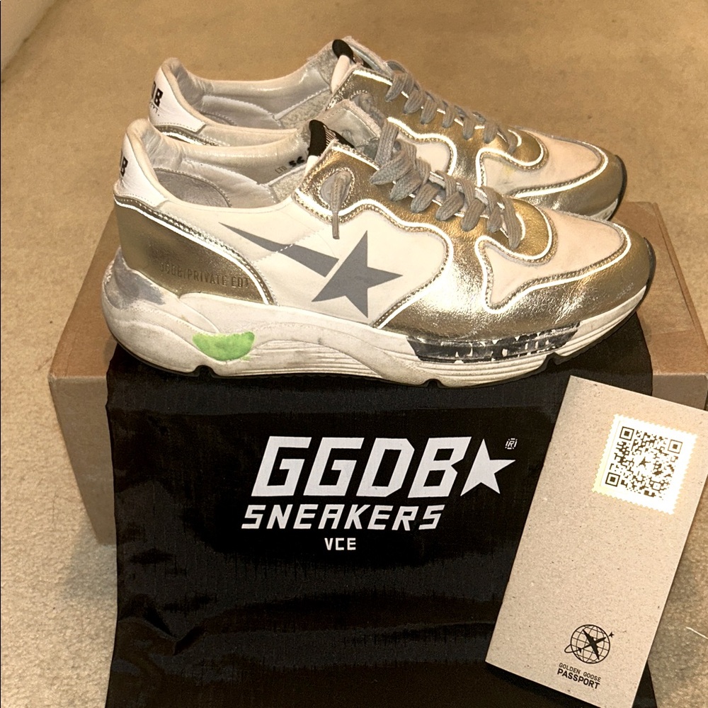 Golden Goose Running Sole Distressed Metallic Leather Sneakers w/Box & Passport